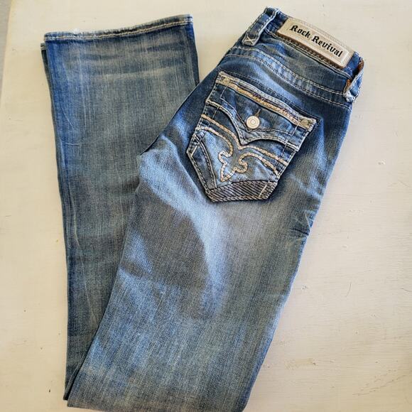Womens Rock Revival Lang Mid Rise Boot Jeans Sz 25 Distressed Thick Stitches - Picture 1 of 11